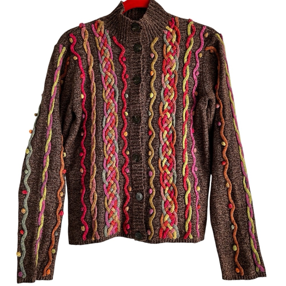 Talbots Vintage 3D Knit Cardigan Brown & Multicolored Sz Medium